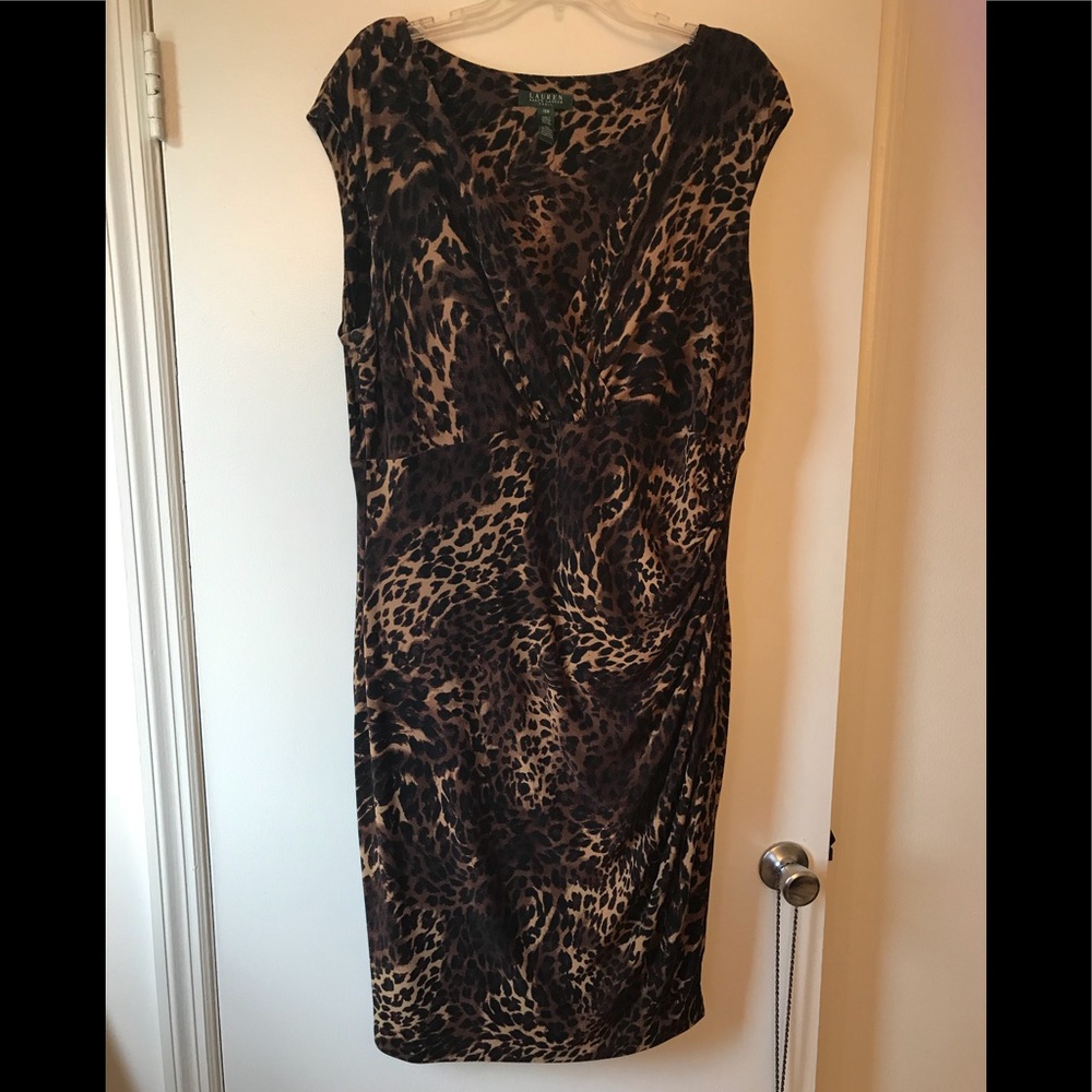 Fitted, leopard-print, faux wrap dress.